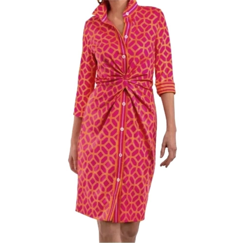 Gretchen Scott Twist & Shout Dress M Preppy Shirtdress Geometric Pink Lucy $239